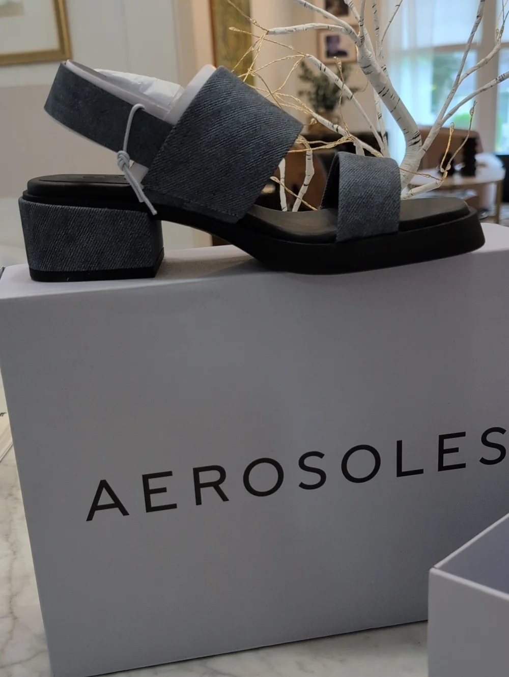 AEROSOLES Blue Denim Slingback Block Heel Sandals